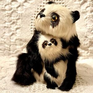 Vtg PANDA BEAR & BABY Cub FIGURINE Real Rabbit Fur Glass Eyes